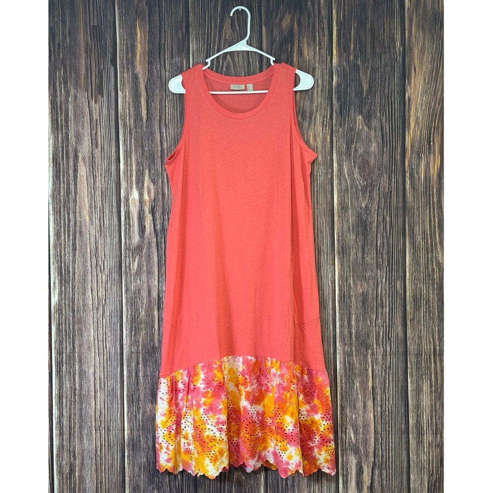 LOGO by Lori Goldstein Dress Womens M Coral Sleeveless Maxi Eyelet Hem Cotton